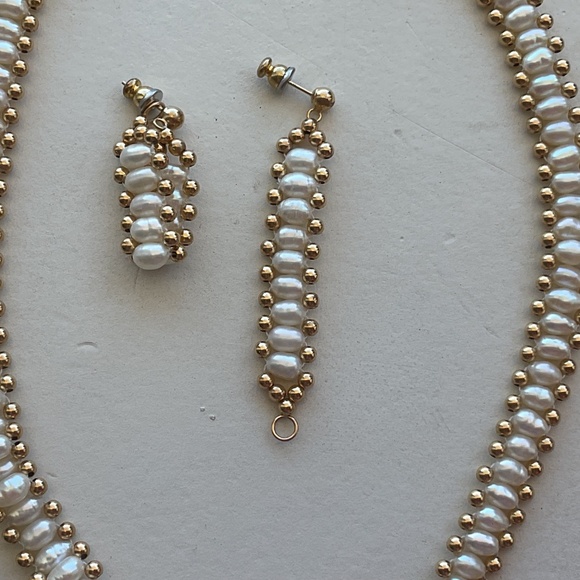 Vintage Freshwater Seed Pearl Gold Bead Necklace Earring Set Vintage 16” RTI 14K - Picture 4 of 16